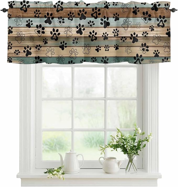 Dog Paws Valance Curtains for Kitchen, Teal Brown Wood Grain Privacy Rod Pocket