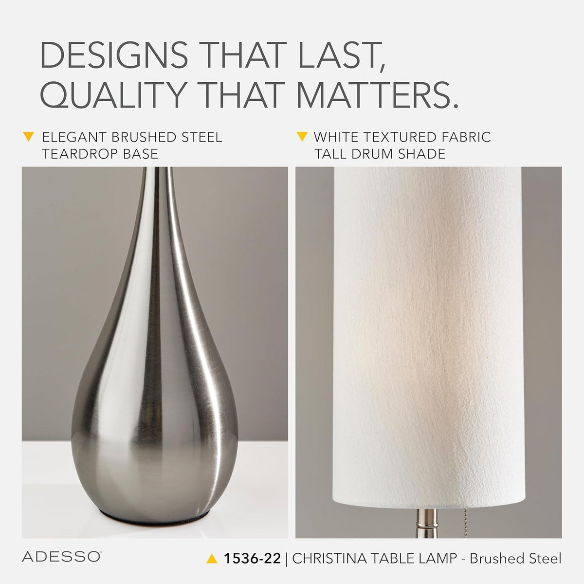 Adesso Brushed Steel Table Lamp with White Fabric Shade – Pull Chain Accent Light for Bedroom, Living Room, or Home Office, 34.5” Tall