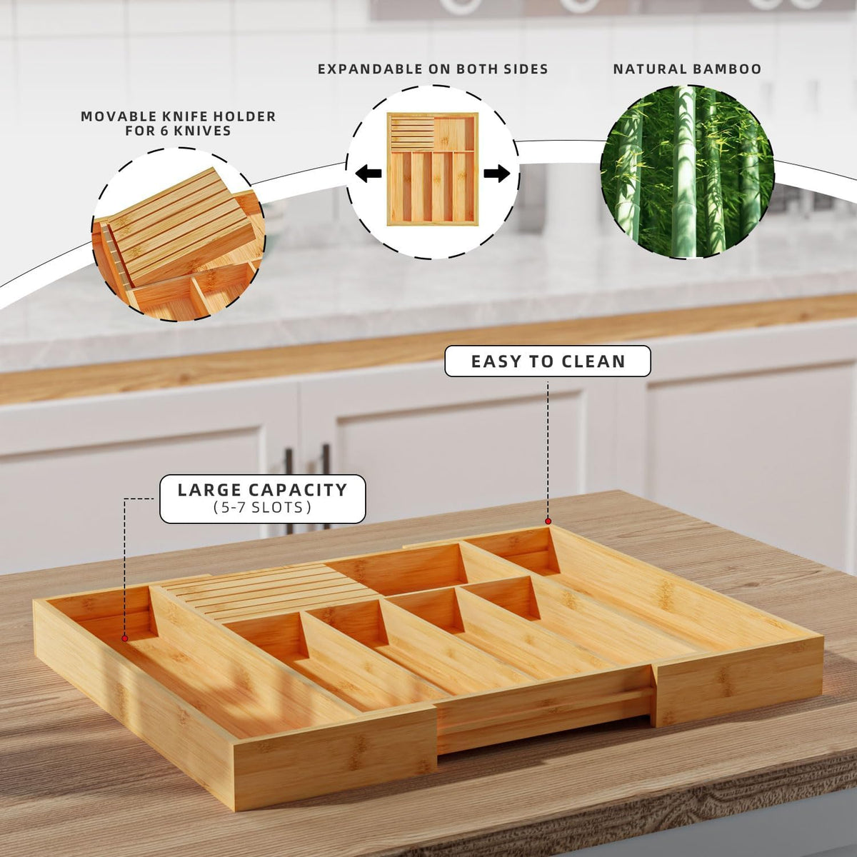 Silverware Organizer with Removable Knife Block - Bamboo Utensil Organizer for Kitchen Drawers Expandable Cutlery Organizer W12.8-20.2" x L16 x H2 (Yellow)