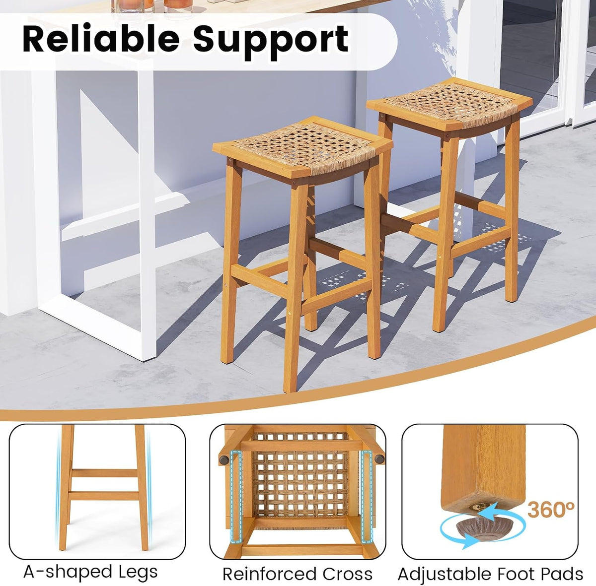 Giantex Outdoor Wooden Bar Stools Set of 4, 29" Backless Patio Barstools with PE Rattan Saddle Seat & Footrest, Solid Acacia Wood Bar Height Stools for Porch, Garden, Backyard, Poolside, Armless
