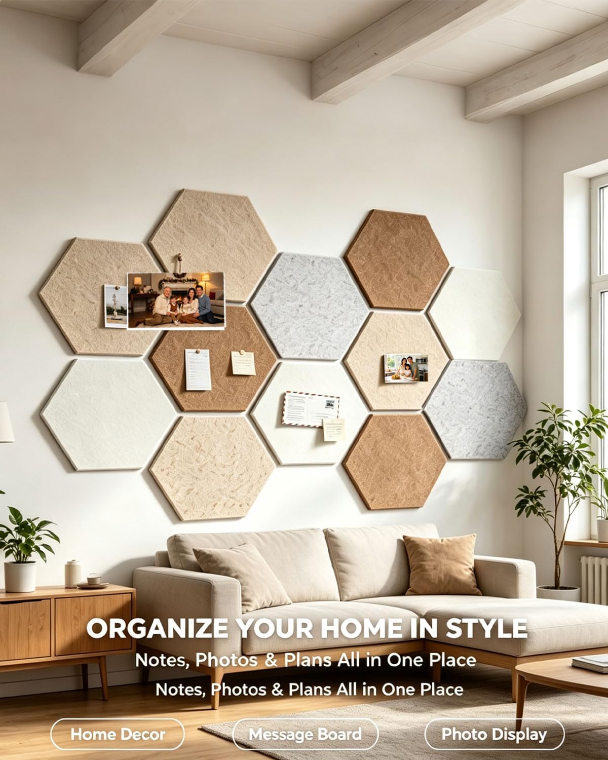 Hexagon Felt Bulletin Cork Board Tiles, 12 Pack Pin Board for Walls Decor