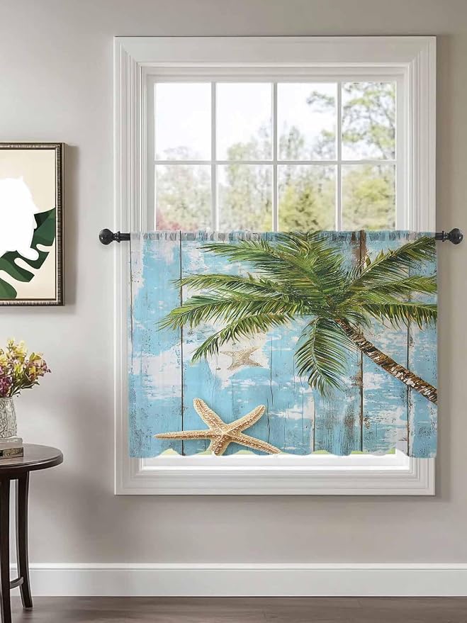 Sheer Curtains 54 Inch Length, Coastal Beach Blue Semi Sheer Curtains Light