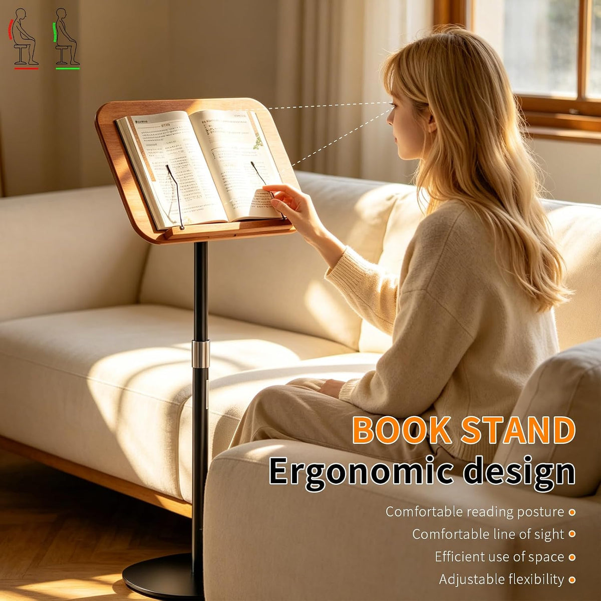 Adjustable Floor Book Stand with Wood Panel for Hands Free Reading