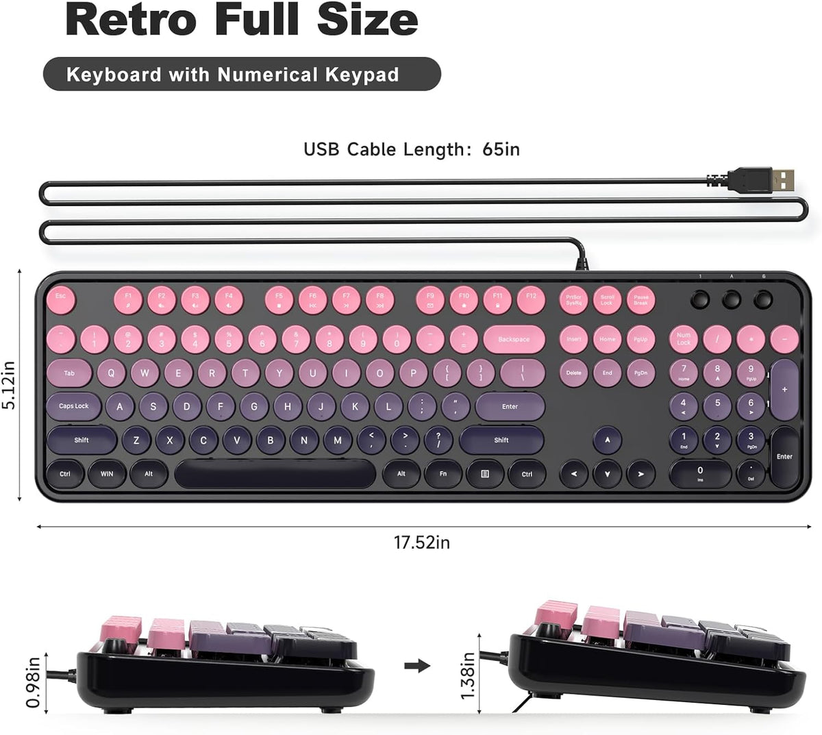 MOFII Wired Retro Typewriter Keyboard and Mouse Combo, Full Size USB Plug & Play for Windows PC Laptop- Plum Pink Gradient