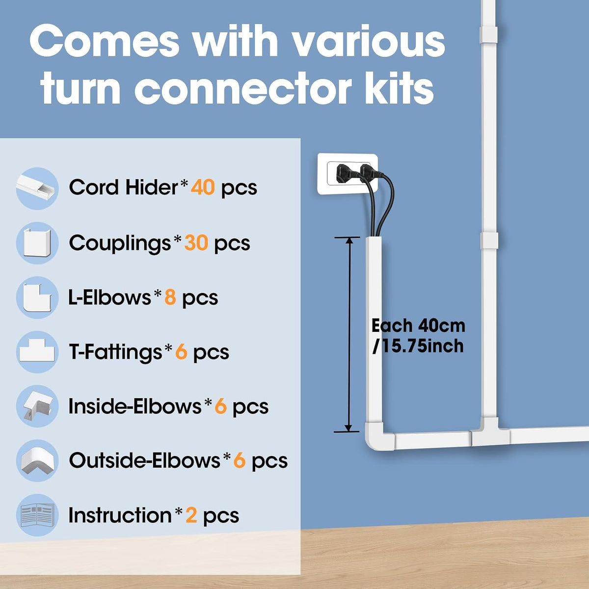 630in Cord Hider Kit, Paintable Cable Raceway, Cord Covers for Wires on Wall, Cord Hider for Wall Mount tv, tv Cable Hider Wall kit, Wire Covers for Cords, 40X L15.7in X W0.96in X H0.57in, White