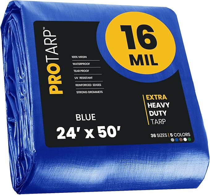 PROTARP Extra Heavy Duty 16 Mil Tarp Cover, Waterproof, UV Resistant, Rip and Tear Proof, Poly Tarpaulin with Reinforced Edges for Roof, Camping, Patio, Pool, Boat. (Blue 24′ X 50′)
