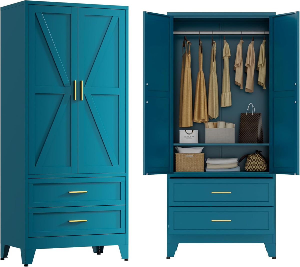 Metal Wardrobe Closet with Doors, 71" Tall Armoire Wardrobe with 2 Drawers and Hanging Rod, Farmhouse Steel Wardrobe Storage Cabinet for Bedroom, Laundry Room, Cloak Room -Blue