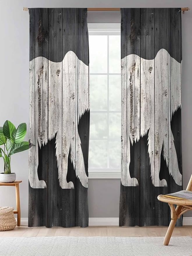 Sheer Curtains 108 Inches Long, Farmhouse Country Rustic Wooden Grain Privacy