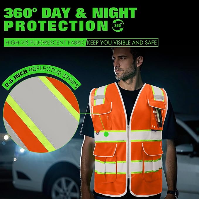 BeautyWill 5Pack Custom Logo Safety Vest 8 Pockets Class2 ANSI Certified High Visibility Reflective Vest for Men - Personalized Logo Heavy-Duty Work Vest（Orange，S）