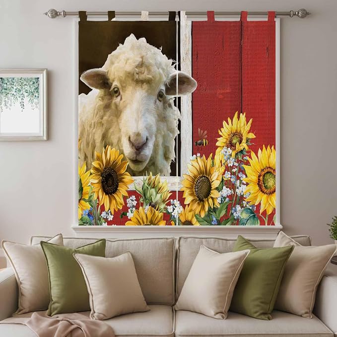 Sheep Flowers Bedroom Curtains 72 Inch Length, Window Curtains Tab Top