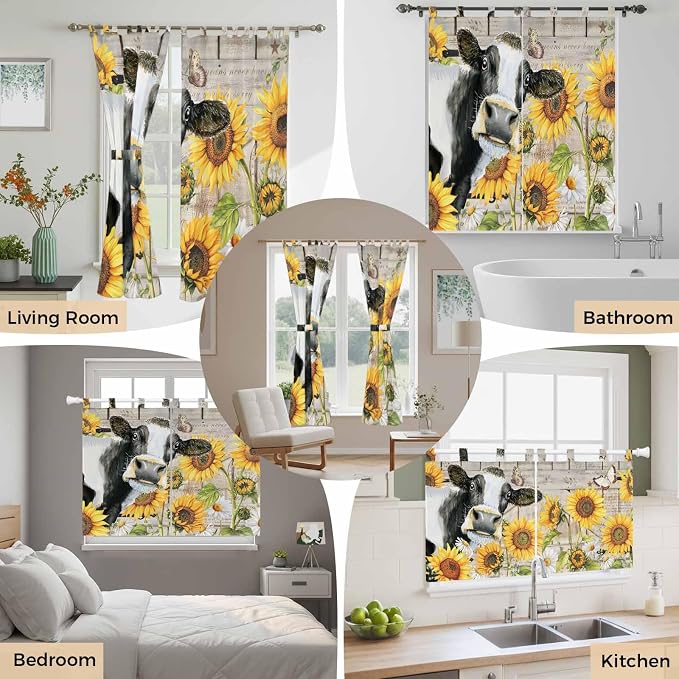 Yellow Sunflowers Kitchen Curtains 24 Inch Length, Small Window Curtains Tab Top
