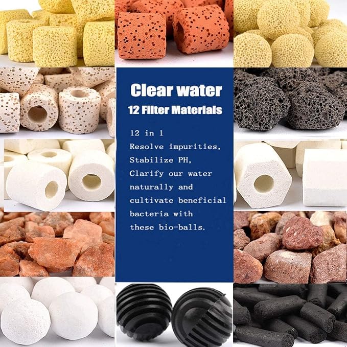 Hamiledyi Aquarium Filter Media 12 in 1 Bio Balls Ceramic Rings Fish Tank Pond