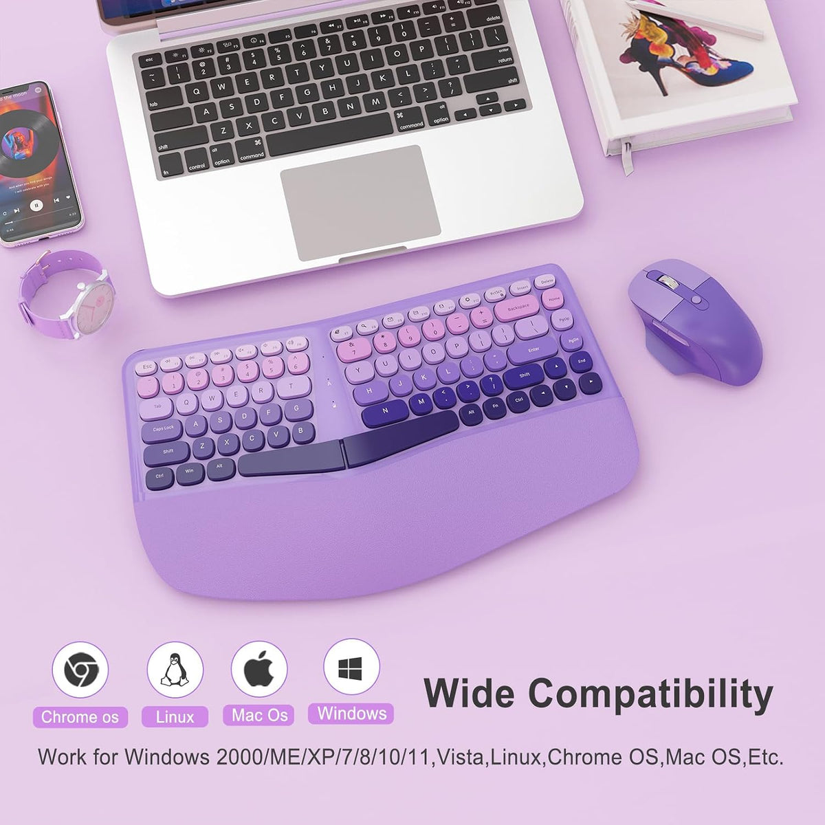 Ergonomic Wireless Keyboard Mouse, Mechanical Gaming Set with Wrist Rest