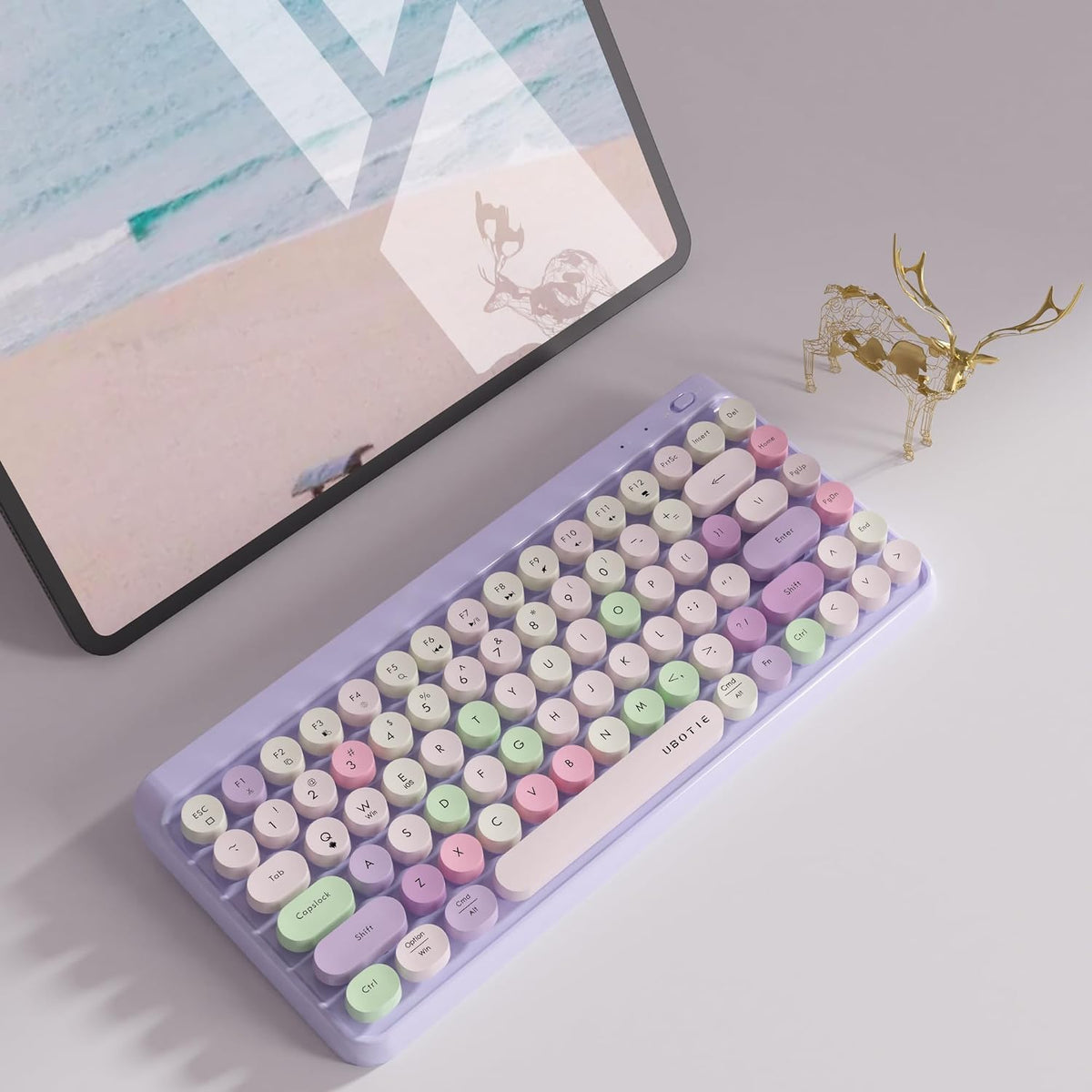 UBOTIE Portable Bluetooth Colorful Computer Keyboards, Wireless Mini Compact Retro Typewriter Flexible 84Keys Design Keyboard (Purple-Colorful)
