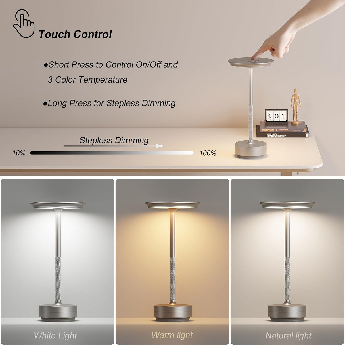 TBBGA 1 Pack Rechargeable Cordless Table Lamp, 5000mAh Battery Table Light