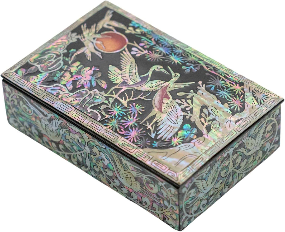 February Mountain Mother of Pearl Trinket Box Organizer for Business Cards, Jewelry or Keys - Small Wooden Box Inlaid - Gifts for Women and Men Ideal for Gifts and Keepsakes (Crane with Pine Tree)