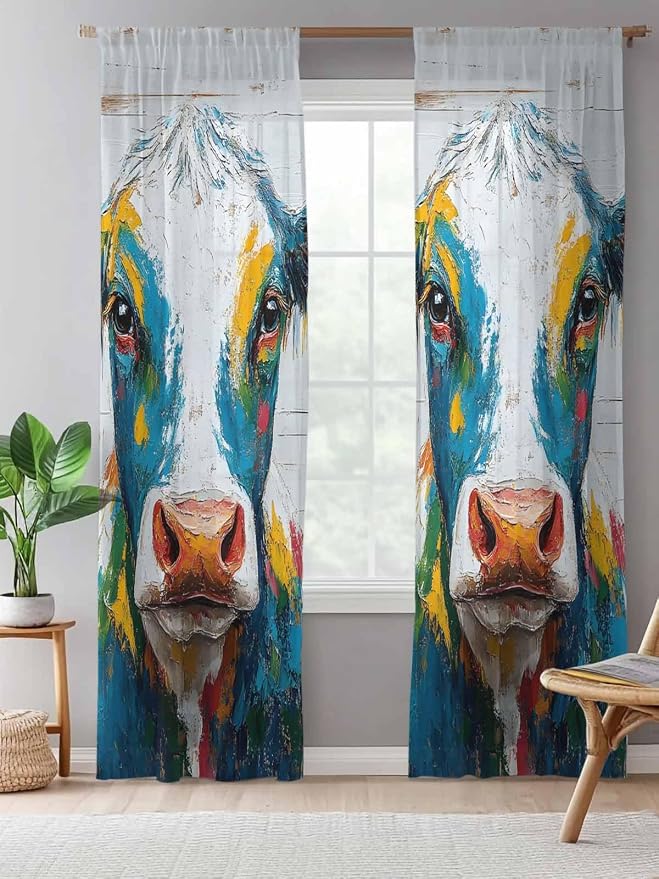 Sheer Curtains 84 Inches Long, Rustic Cow Semi Sheer Curtains Light Filtering