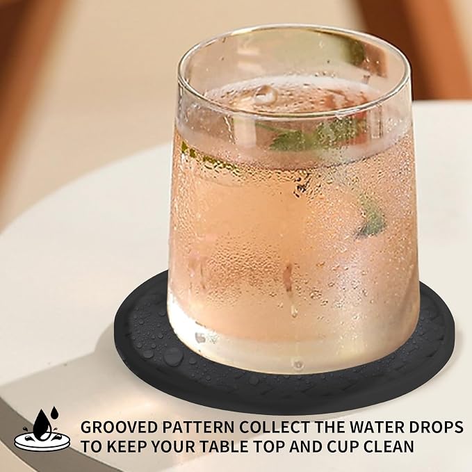 4 Inch Black Silicone Drink Coaster Set of 6, Heat-Resistant Non-Slip Mats |