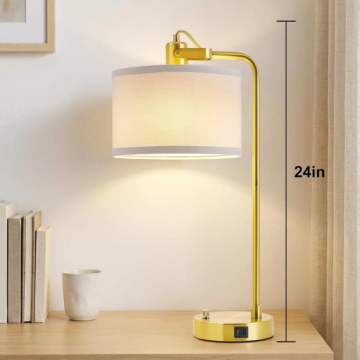 Gold Table Lamp Set of 2, USB A+C, 180° Adjustable Bedside Lamps, Dimmable