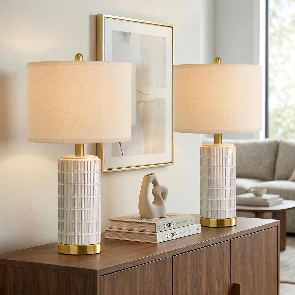 PoKat Ceramic Table Lamps Set of 2 for Bedroom Living Room, 21.5'' White