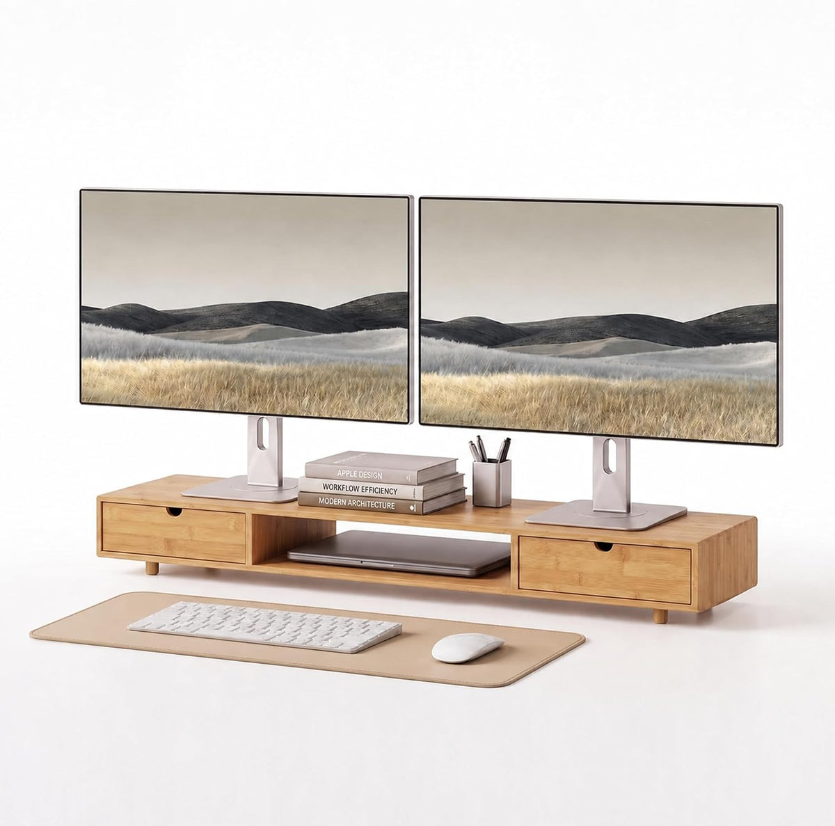 Bamboo Dual Monitor Stand, Natural Desk Shelf with 2 Drawers