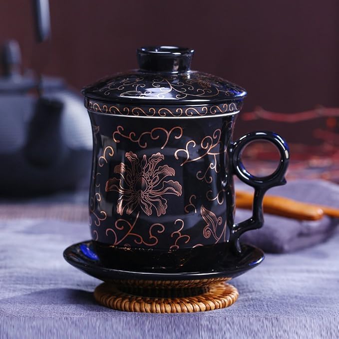 Porcelain Tea Cup with Infuser Lid and Saucer Sets
