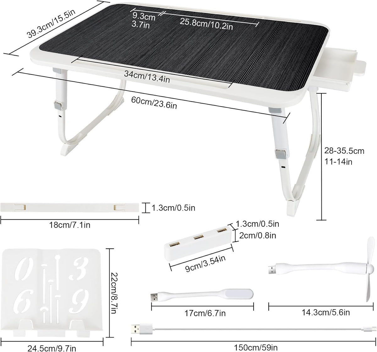 Laptop Desk for Bed, Adjustable Height Laptop Bed Table, Foldable Lap Desk with USB Charge Port, Desktop Card Slot, Side Drawer, Book Shelf, Portable Lap Tray for Eating Reading Working Sofa & Floor