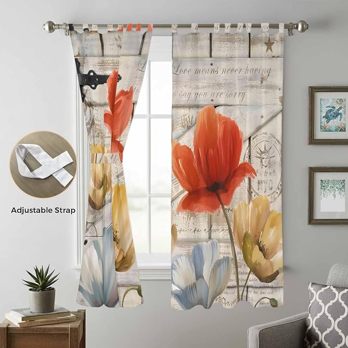 Retro Floral Living Room Curtains 84 Inch Length, Window Curtains Tab Top