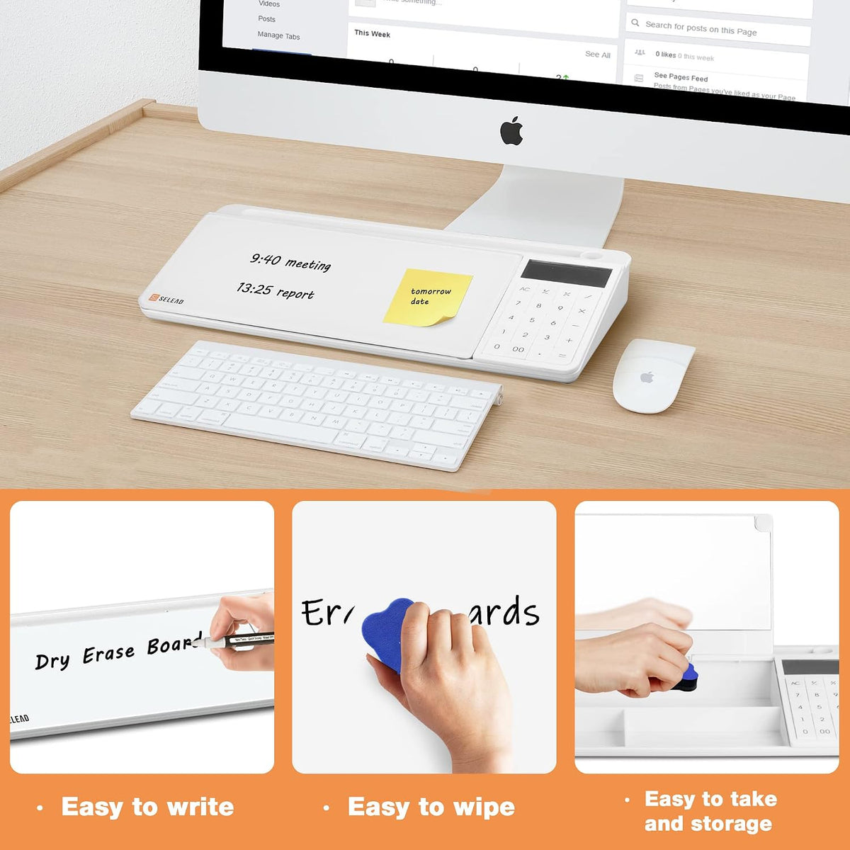 SELEAD Desktop Glass Whiteboard with Calculator & Built-in Mirror, White