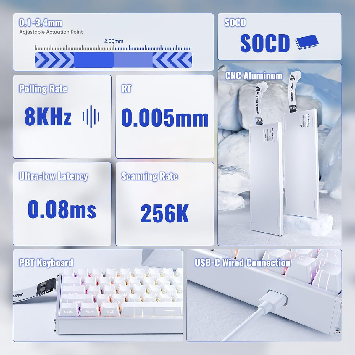 ATTACK SHARK X68MAX HE Wired RT RGB Mechanical Gaming Keyboard-WhiteContour