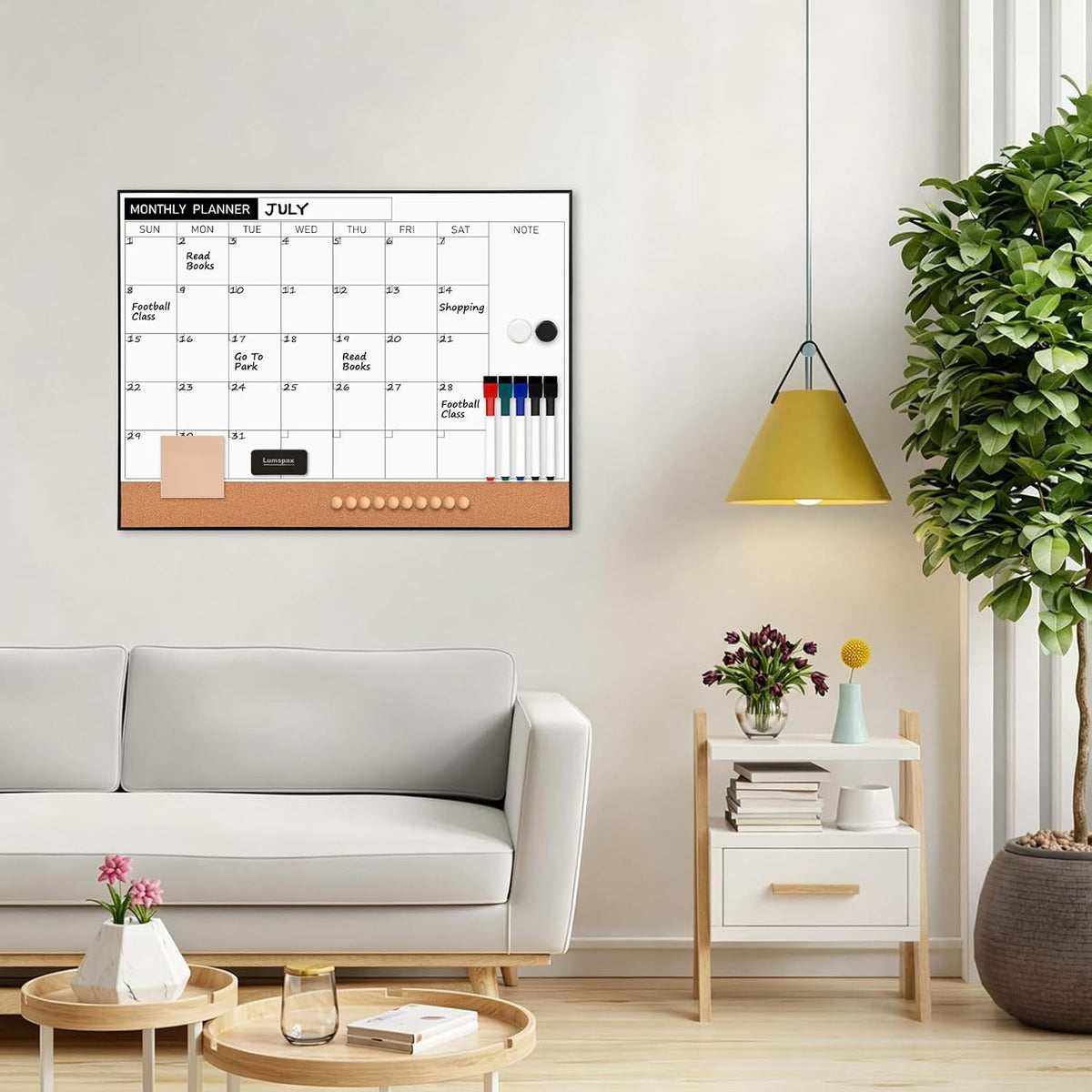 Dry Erase Calendar with Cork Board for Wall | 24"x18" Whiteboard Calendar with Aluminium Alloy Frame, Magnetic Monthly Wall Calendar for Home Office Planner Memo