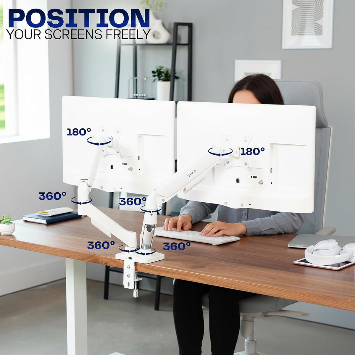 VIVO Dual Monitor Stand, Fully Adjustable Arms for 17 to 32 inch Screens, Mechanical Articulating Desk Mount, Gaming and Office Setups, VESA 75x75, 100x100, Max 19.8 lbs, Classic, White, STAND-V002OW