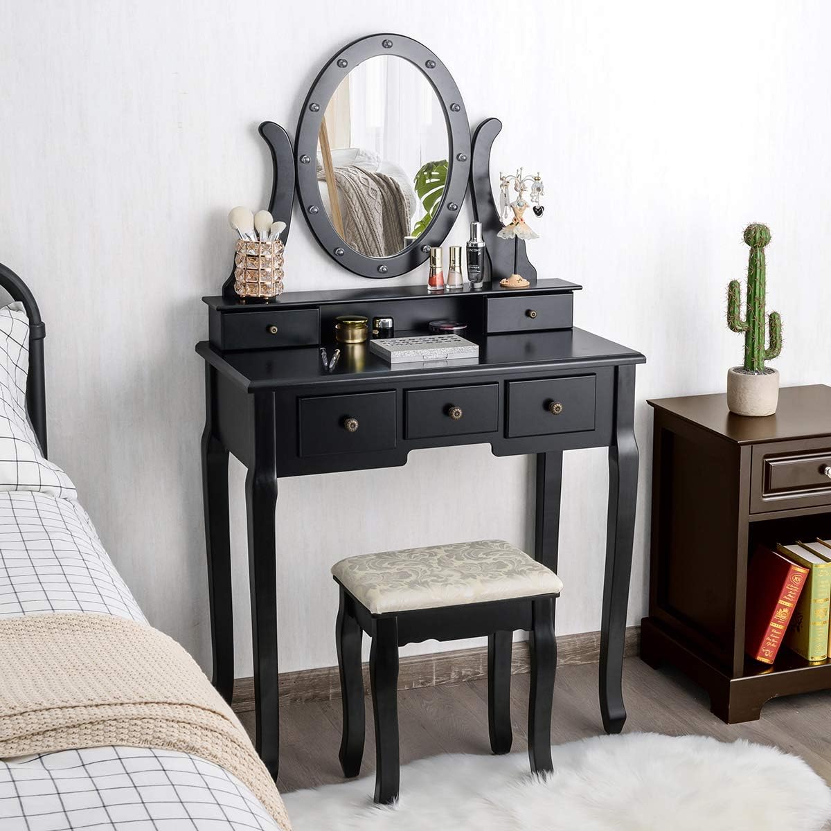 GOFLAME Vanity Set with 360° Rotating Oval Makeup Mirror, Dressing Table & Cushioned Stool Set with 5 Sliding Drawers & 12 LED Lights, Detachable Top, Perfect for Dressing Room, Bedroom (Black)