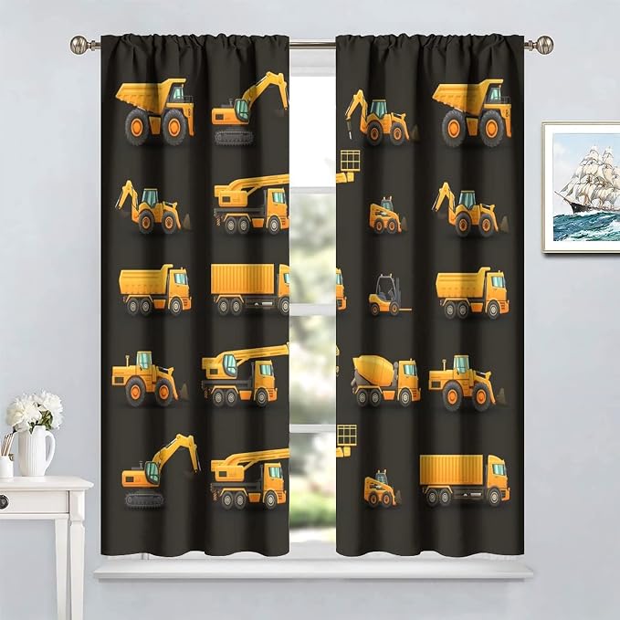 Kids Construction Window Curtains, Construction Machinery Equipment Mode of
