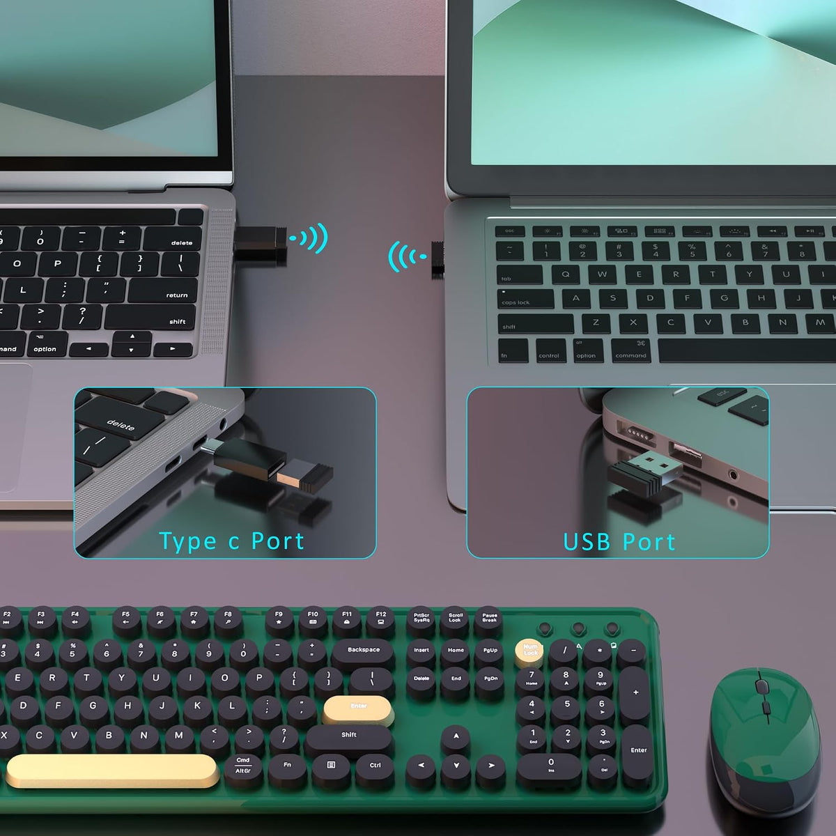 Retro Wireless Keyboard and Mouse Combo with Wrist Rest (Dark Green)