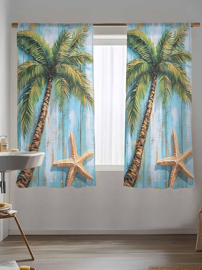 Sheer Curtains 72 Inches Long, Coastal Beach Tree Semi Sheer Curtains Light