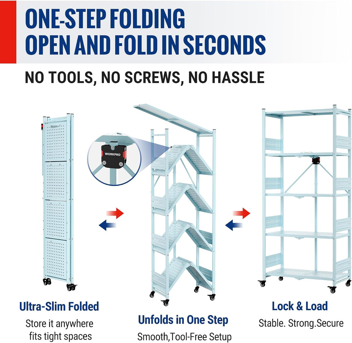 WORKPRO 5-Tier Folding Shelf, No-Assembly Metal Storage Rack with Wheels, 750 lbs Capacity (with Leveling Feet), Collapsible Shelving Unit for Kitchen, Pantry, Closet & Craft Shows - Blue