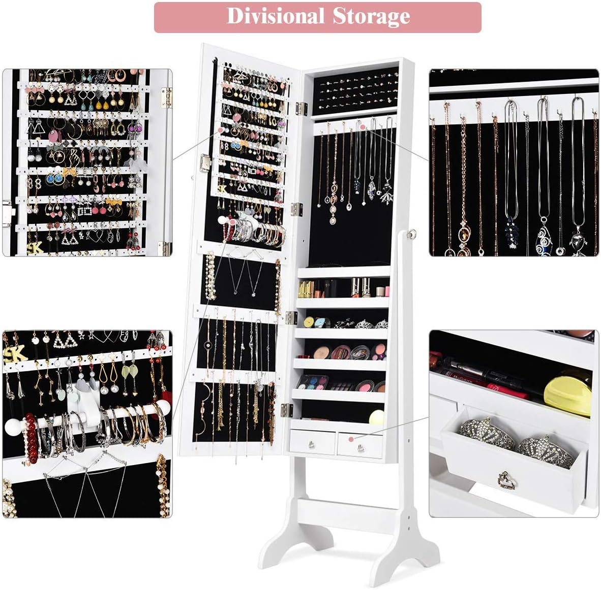 Mirror Wood Standing Jewelry Cabinet, Lockable Standing Jewelry Armoire with Key, Large Storage Capacity Jewelry Cabinet Organizer with 2 Drawers, 4 Angel Adjustable (White)