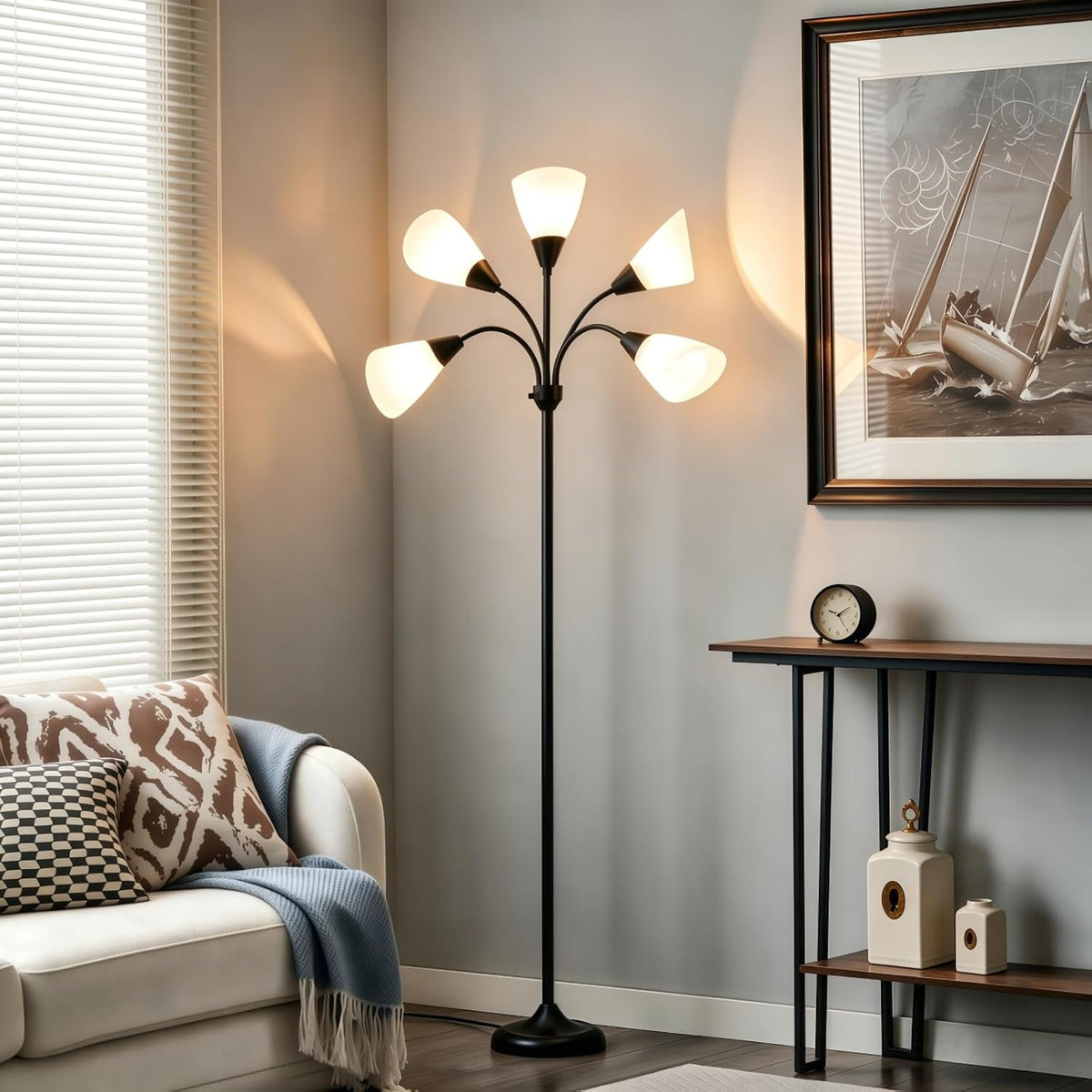 HonoDing Medusa Floor Lamps Standing Lamps 5 Heads Adjustable Reading Light Large Shade Use E26 A19 Bulb Floor Lamps for Living Room Bedroom (Black)