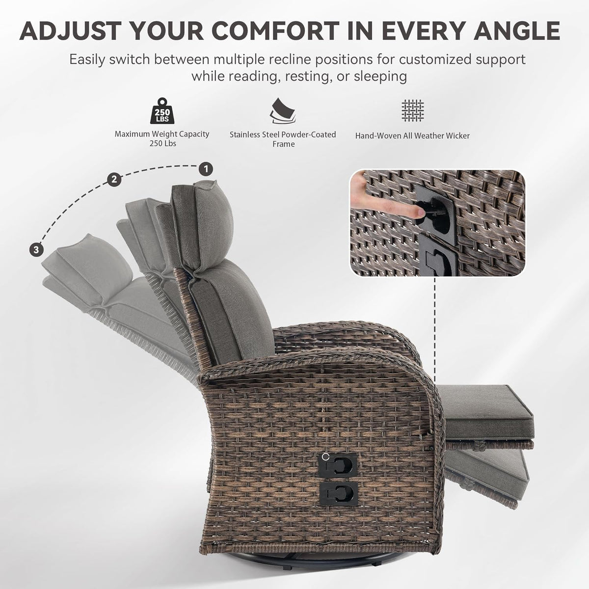 Zero Gravity Patio Swivel Recliner Chairs Set of 2 - Wicker Outdoor Lounge Chair with Adjustable Backrest & Footrest, All Weather Reclining Chairs with Thick Cushion for Garden Pool Deck(Grey)