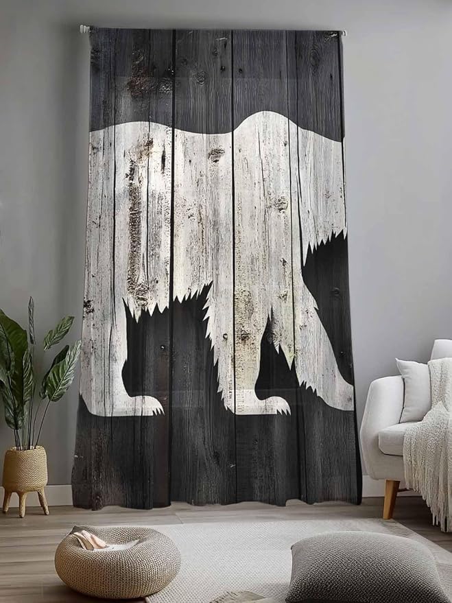 Sheer Curtains 108 Inches Long, Farmhouse Country Rustic Wooden Grain Privacy