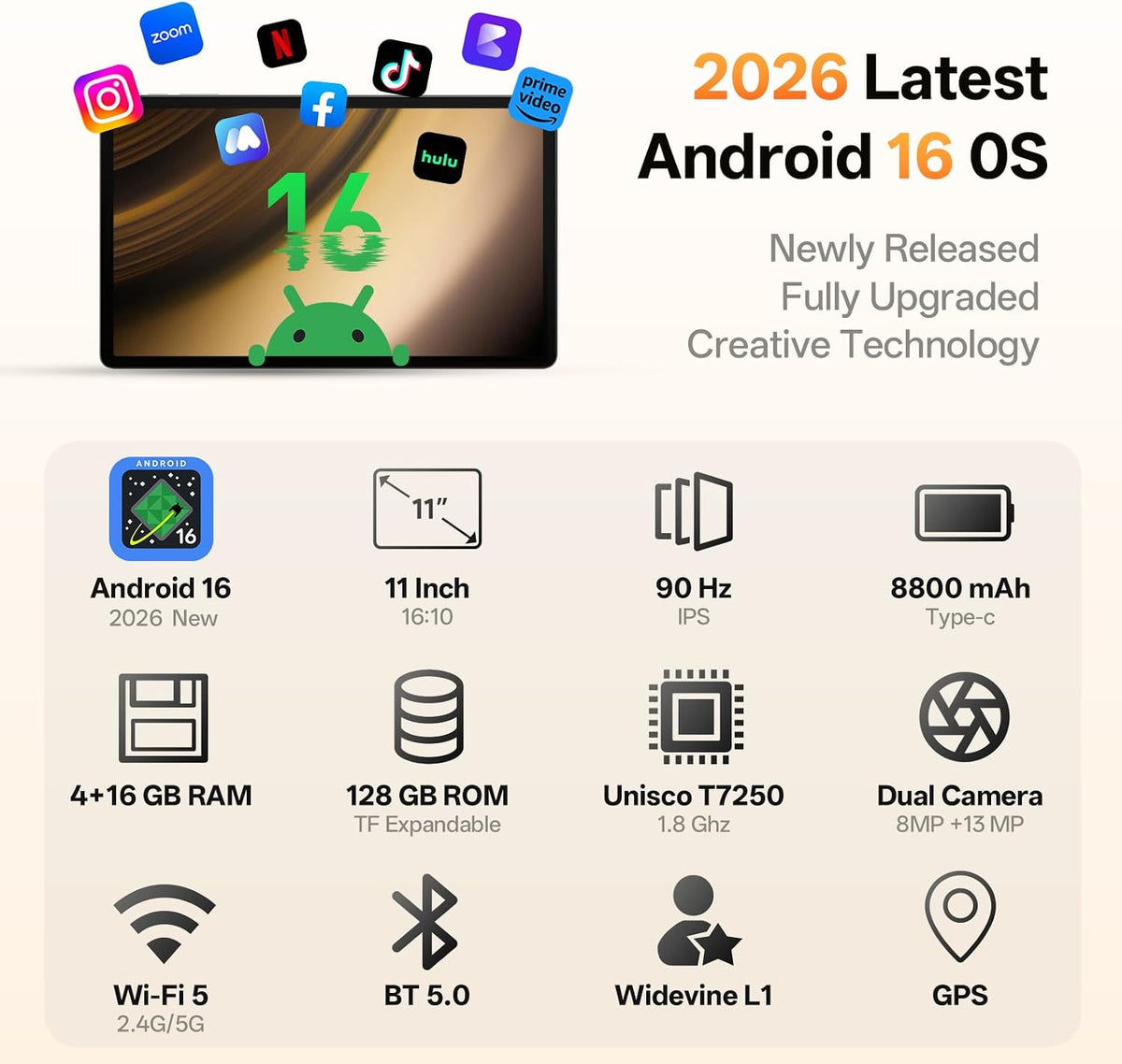 Android 16 Tablet 11 Inch, Octa-core 20GB RAM + 128GB ROM 1TB Expand, Gray
