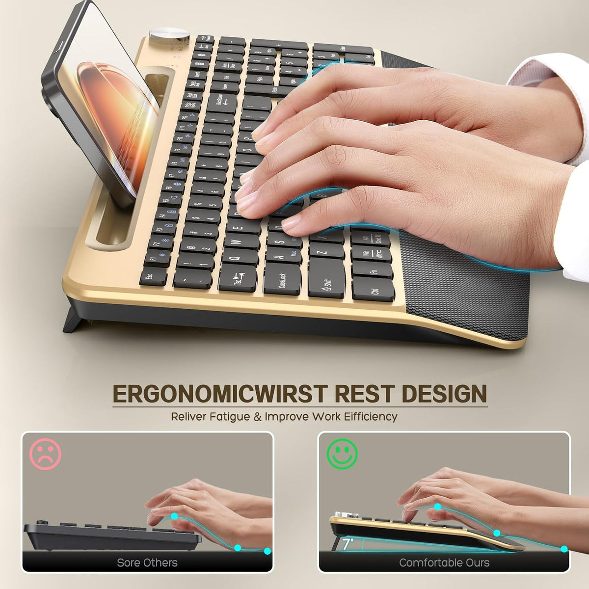 GAMCATZ Ergonomic Wireless Keyboard with Wrist Rest-Low-Profile,Phone/Tablet Holder,Quiet Design，Windows & Mac OS，Full Size Cordless USB Computer Keyboard for Desktop,Laptop, PC, Mac, Windows-Black