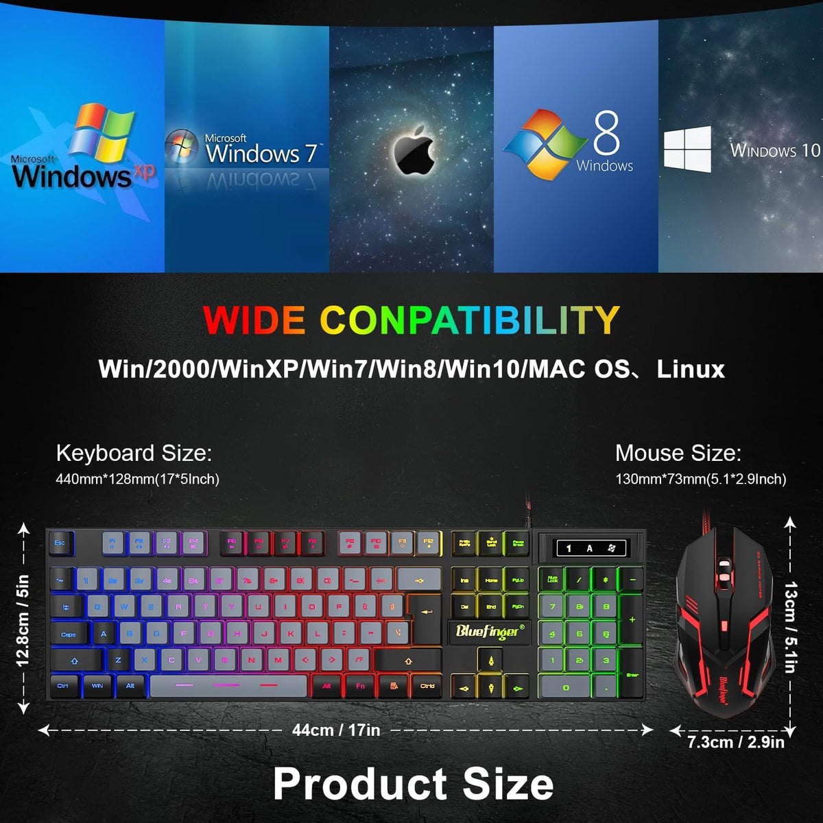 BlueFinger RGB Gaming Keyboard and Backlit Mouse Combo, USB Wired, LED Gaming Set for Laptop PC Computer Game and Work(Black & Gray)