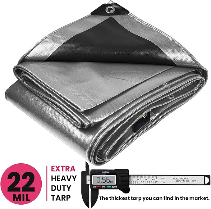 PROTARP Extreme Heavy Duty 22 Mil Tarp Cover, Waterproof, UV Resistant, Rip and Tear Proof, Poly Tarpaulin with Reinforced Edges for Roof, Camping, Patio, Pool, Boat. (Silver/Black 25′ X 40′)