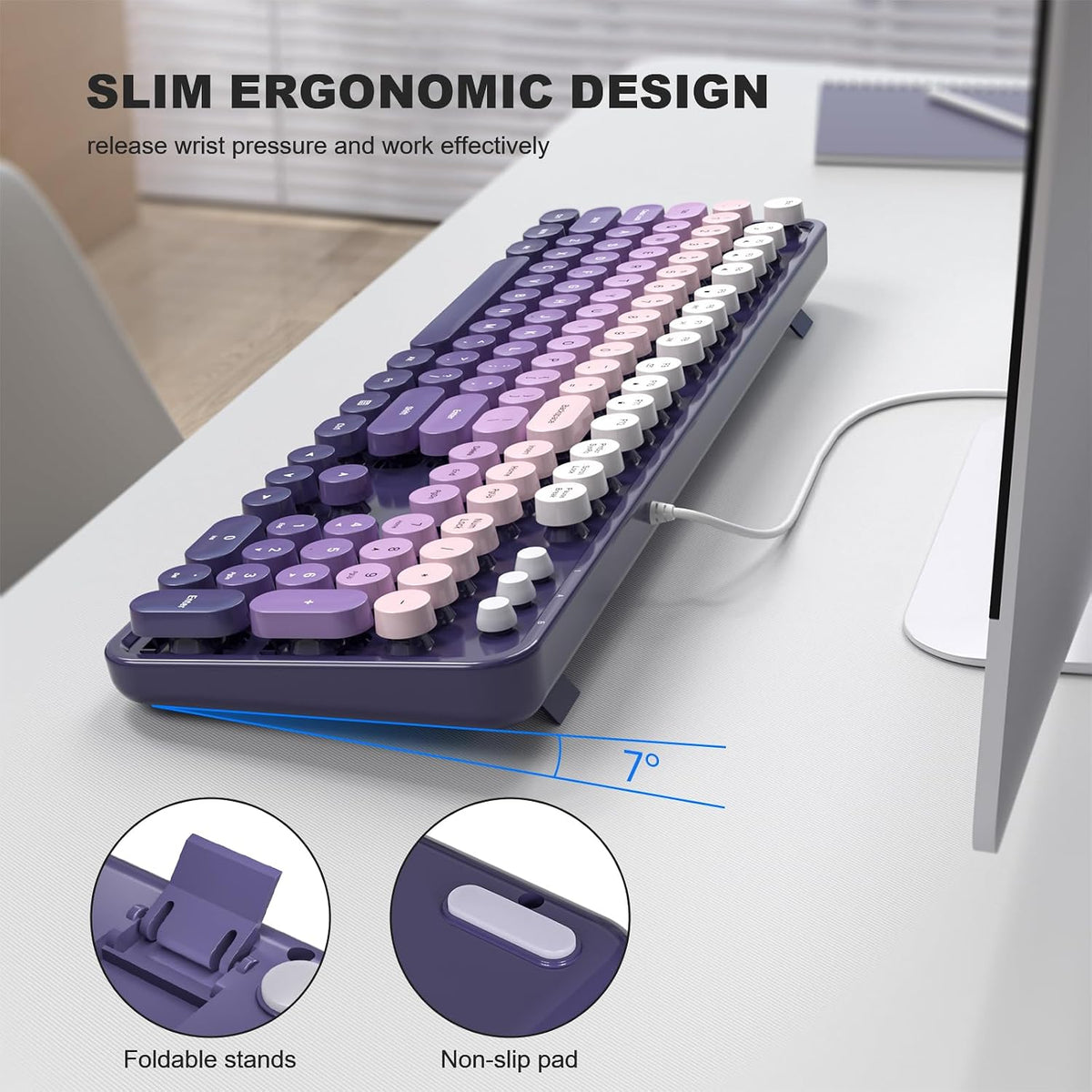Wired Retro Keyboard, 104 Keys Full-Sized Typewriter Keyboards, Office Keyboard with Number Pad, Foldable Stands for Windows, PC, Laptop, Desktop (Purple Gradient)