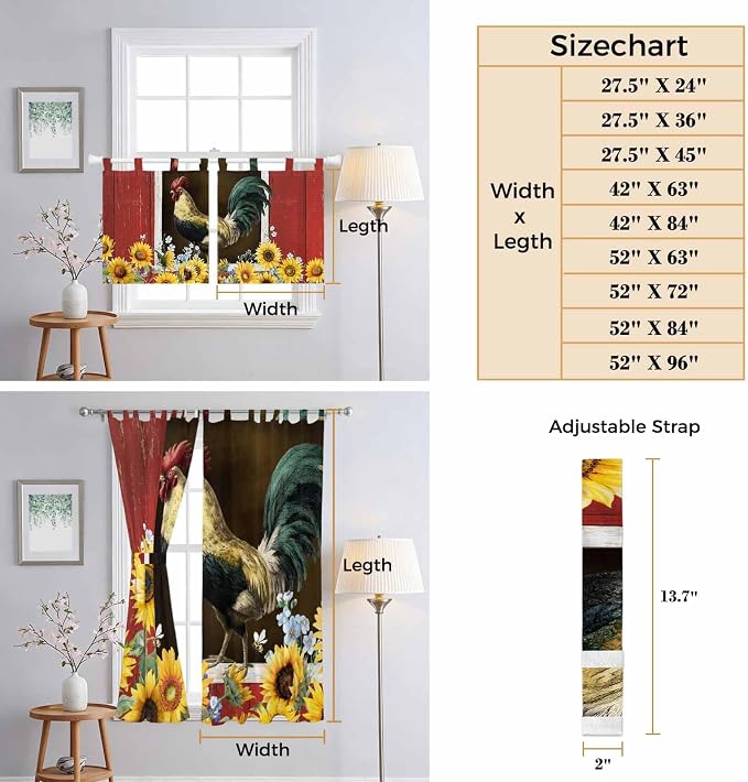 Chicken Sunflowers Kitchen Curtains 24 Inch Length, Small Window Curtains Tab