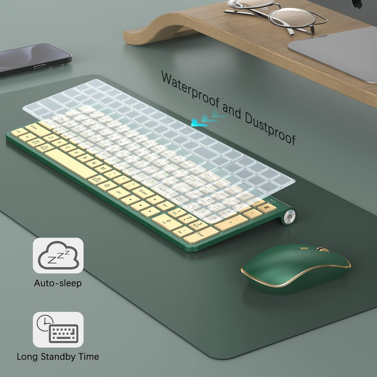 JOYACCESS Wireless Keyboard and Mouse Combo,2.4G Ergonomic Typewriter Keyboard with Type-C Receiver and Adjustable Tilt for Computer, Windows,Desktop, PC, Laptop-Cangling Green