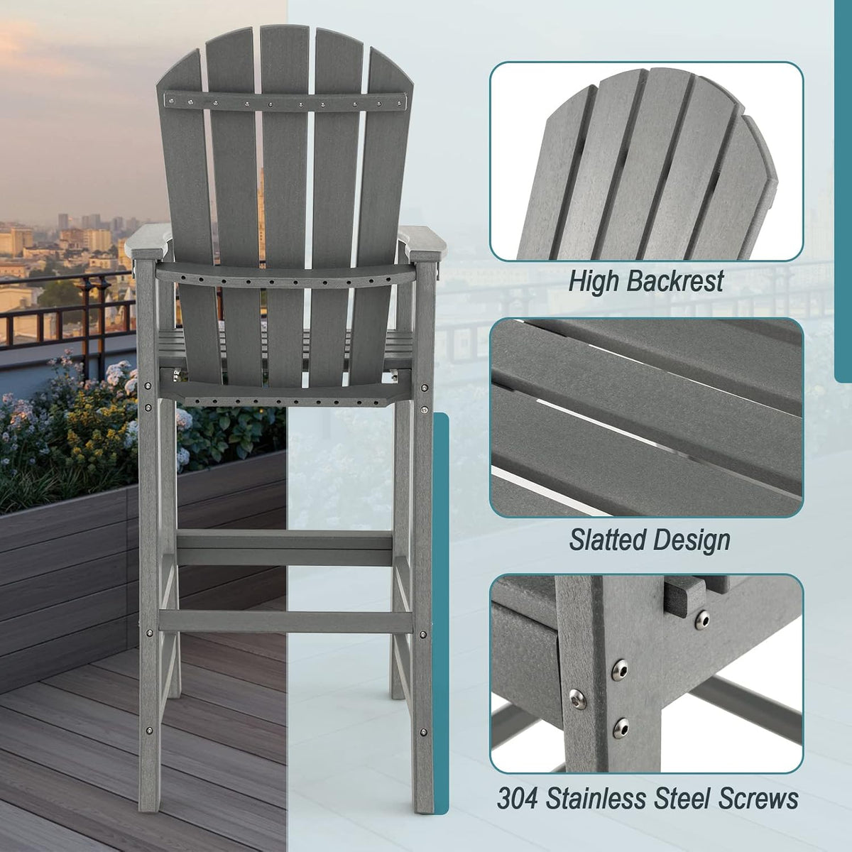 GIANTEX Outdoor HDPE Bar Stool, Tall Adirondack Chair with Armrests and Footrest, 30 Inches Counter Height Bar Stool for Garden, Backyard, Weather Resistance, Easy Maintenance (2, Gray)