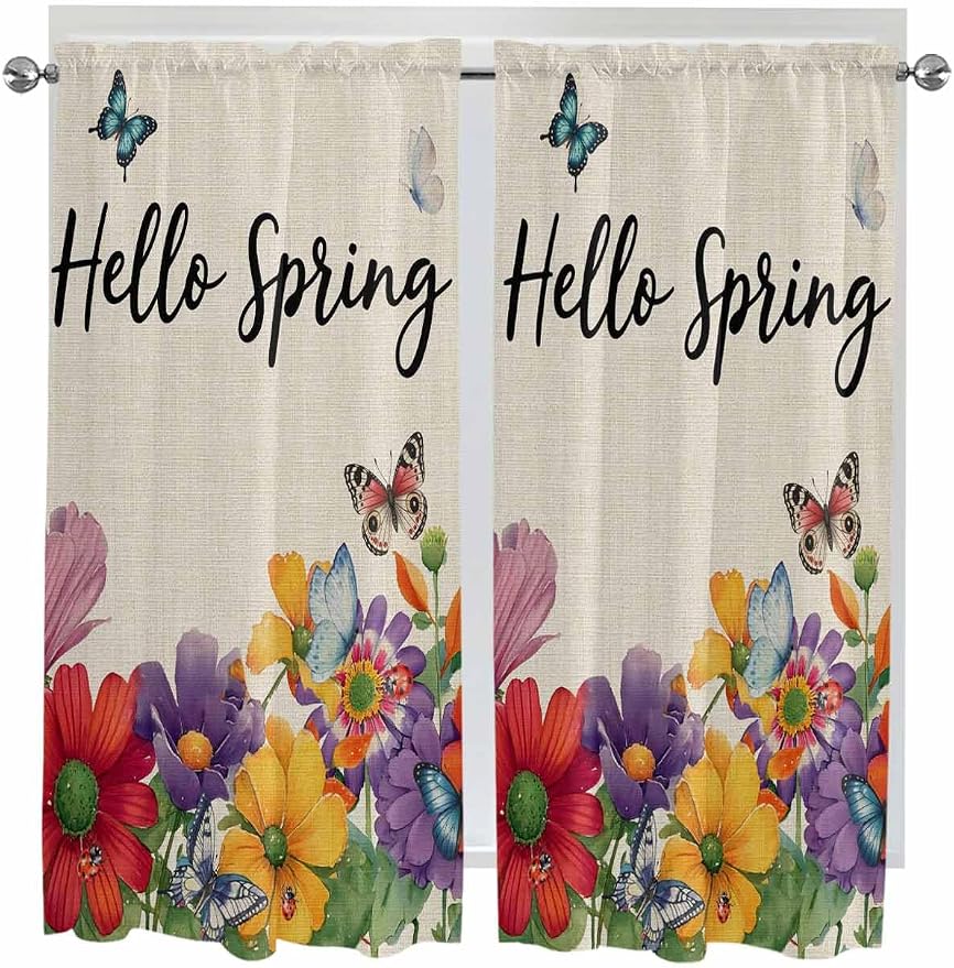 Spring Flowers Living Room Curtains 72 Inches length, Farmhouse Vintage Country